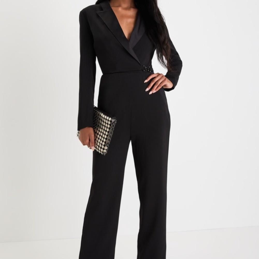 Lulus Impressive Presence Black Collared Straight Leg Jumpsuit - Size XS